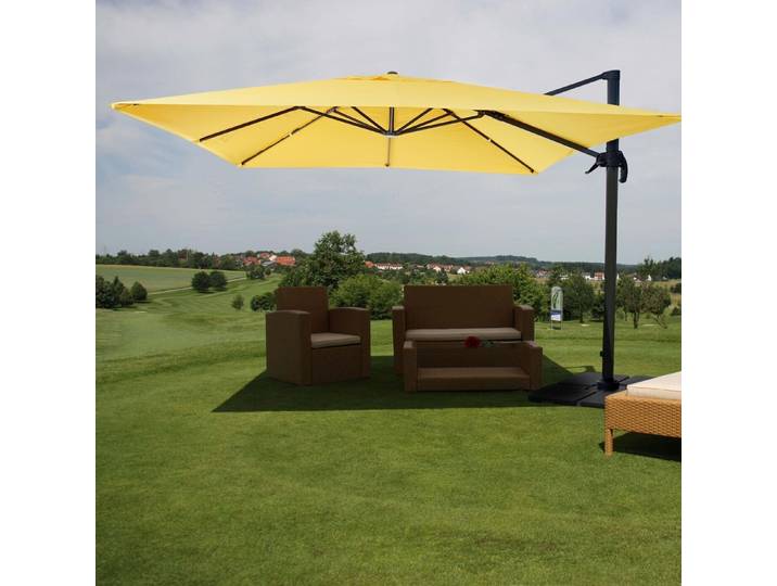 Gastronomie-Ampelschirm HWC-A96, Sonnenschirm 3x3m (Ø4,24m) Polyester Alu/Stahl 23kg gelb mit Ständer, drehbar