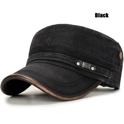 Distressed Washed Cotton Cadet Flat Cap With Leather Binding black