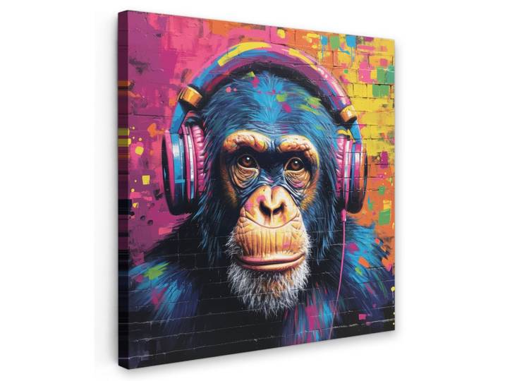 LEINWANDBILD Graffiti - Schimpanse - Straßenkunst - Kopfhörer - Affe Deko Groß 90x90 cm