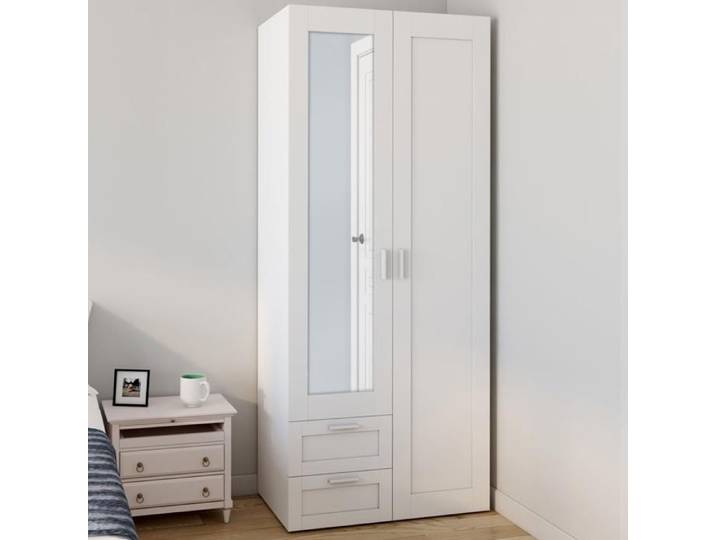 IDMARKET Armoire 2 portes VITO blanc penderie 80 cm avec 2 tiroirs miroir et étagères