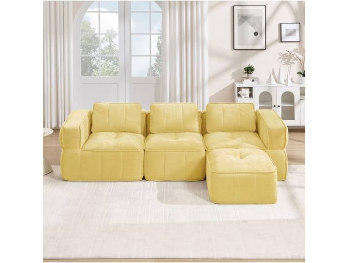 WOVREO Canapé d'angle modulable 3 places avec pouf mousse 32D polyester jaune