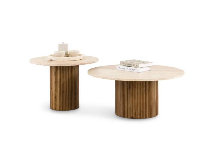 Idimex Couchtischset Narmanda/Mandi 2er Set braun/beige, Braun, Beige, Holz, Naturmaterialen, Echtholz,Mangoholz, Mode, Rund, 80x35x80 cm, Wohnzimmer, Wohnzimmertische, Couchtische