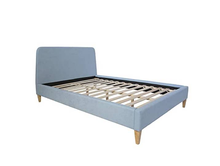 Homestyle4u Polsterbett 140x200 mit Lattenrost - Hellblau Doppelbett mit gepolstertem Kopfteil, Holzfüßen & Rolllattenrost – Außenmaße 150x212 cm, Traglast 200 kg