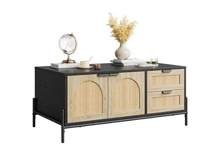 LuxFocus Moderner Rattan Couchtisch 2 Schubladen Stauraum Metallgestell Rechteckiger Wohnzimmertisch mit Frontschrank, Ablagefach und verstellbaren Füßen