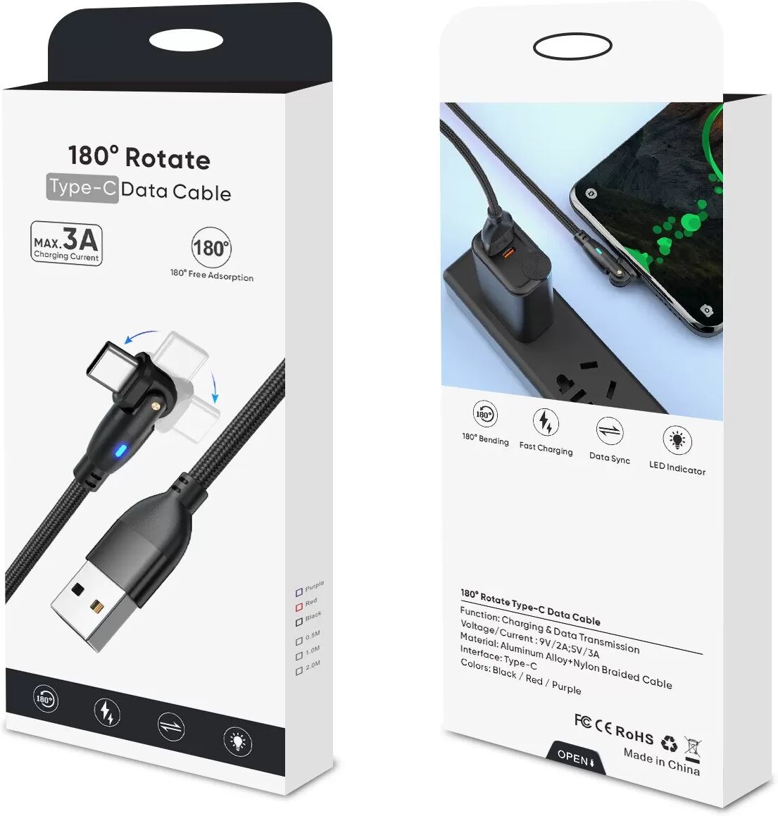 INF 2er-Pack USB auf Typ-C 180° drehbares Ladekabel - Schnellladen & Datenübertragung Rot 3 m