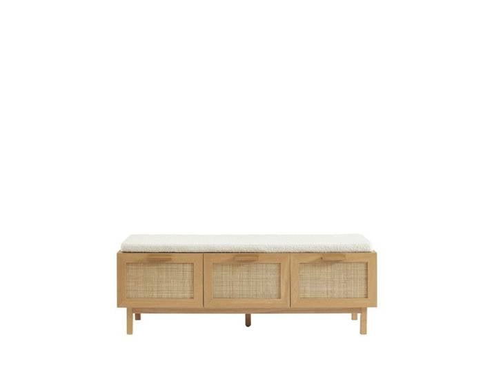 June - Banc d'entrée avec rangement à chaussures en bois et cannage L140cm - Bois clair