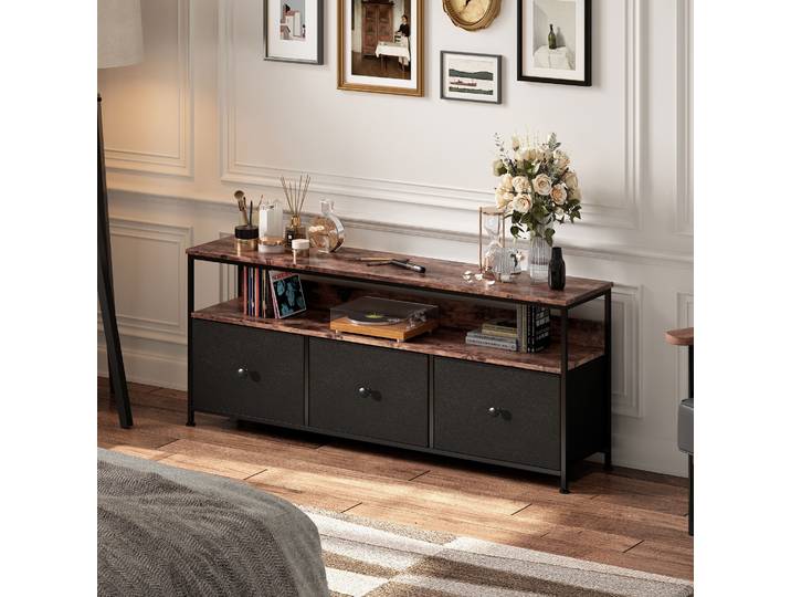 Moderner LED-TV-Ständer, Holz, 3 Schubladen, schwarzes Stoffmuster, Ablagefach, verstellbare Füße, 137 x 29,8 x 78 cm, Schwarz