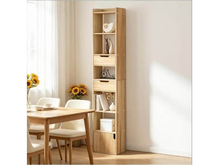 Bibliothèque étroite AESVAR 33 x 181 x 24 cm avec 6 étagères 2 tiroirs et porte bois coloris chêne clair