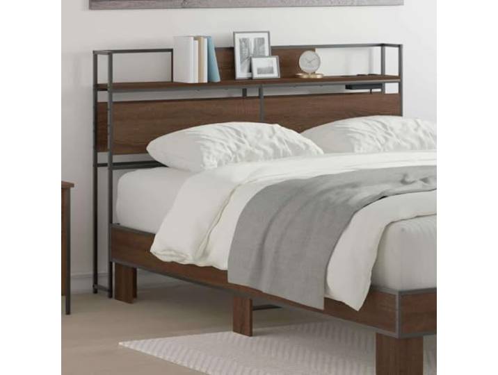 Modernes Kopfteil mit Einlegeböden und Ladestation, Holzwerkstoff, Eiche braun, rechteckige Form, ideal für Schlafzimmer.