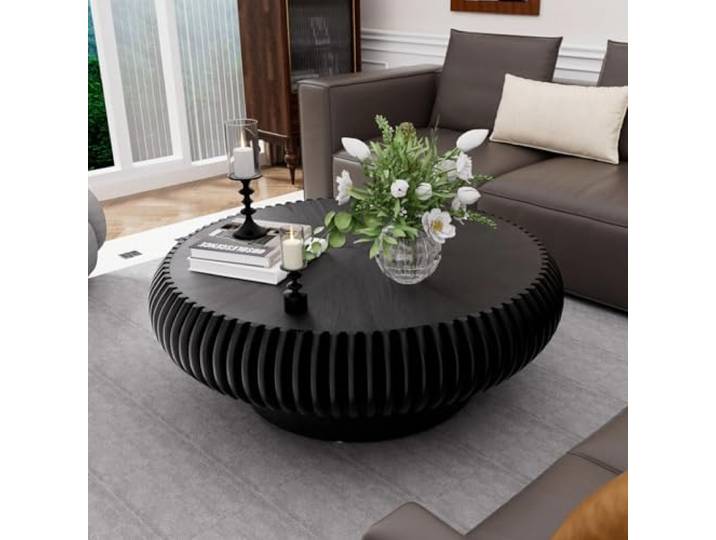 ZUOWENYG Schwarz Runder Trommel-Couchtisch mit Rillen (Schwarz,Runder,80CM) Massivholz Boho Wohnzimmertisch, Minimalistischer Niedriger Mitteltisch