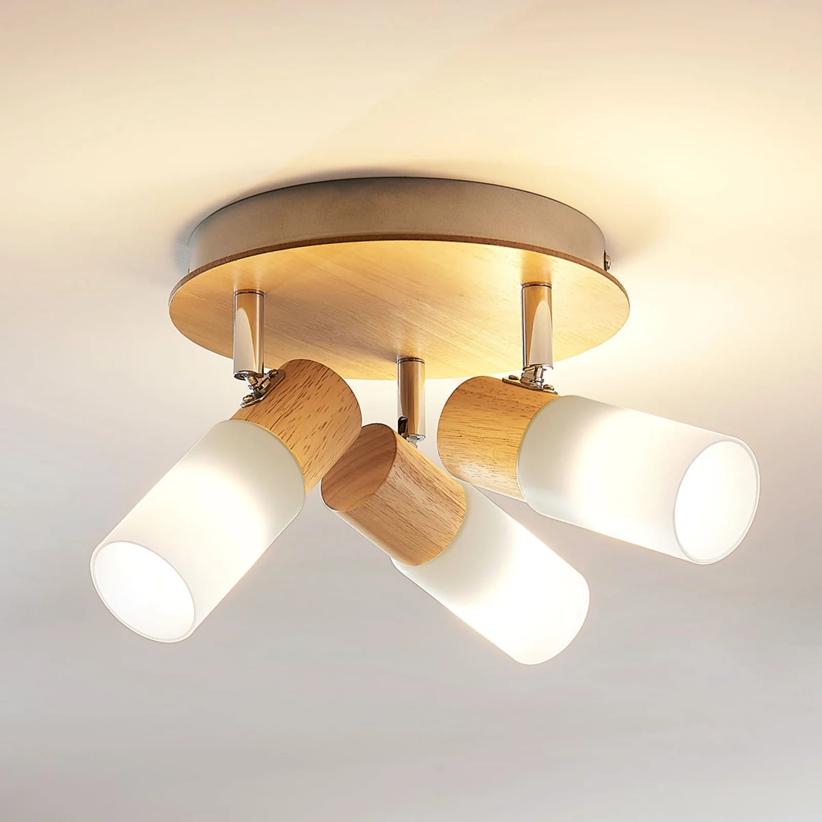 Lindby Christoph Plafondlamp, 3-lampig, Rond, Hout en Glas, Wit, Dimbaar