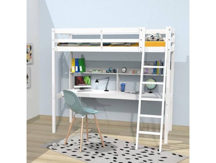 WEBER INDUSTRIES Hochbett Studio 90 x 190 cm + 1 Lattenrost + Schreibtisch + Regal/Weiß