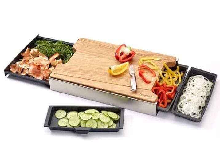 Schneidbox Eiche - Schneidebrett Mit 4 Auffangschalen Im Edelstahlkasten - Patentiertes Trennsystem - Made In Germany - 46 x 30 x 7 cm