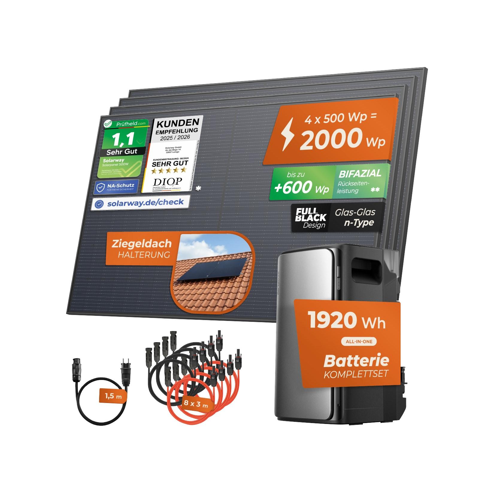 Solarway® 2000Wp / 800W Balkonkraftwerk mit 1,9kWh Speicher komplett Steckdose - 1,9 kWh EcoFlow STREAM Ultra - Solaranlage Komplettset - 500W Solarmodule & EcoFlow Speicher & Zubehör