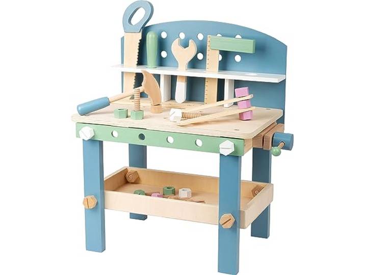 small foot Werkbank Nordic Kompakt aus Holz, Kinder Werkbank mit Werkzeug und Zubehör, ab 3 Jahren, 11376, Blau Mint Pastell