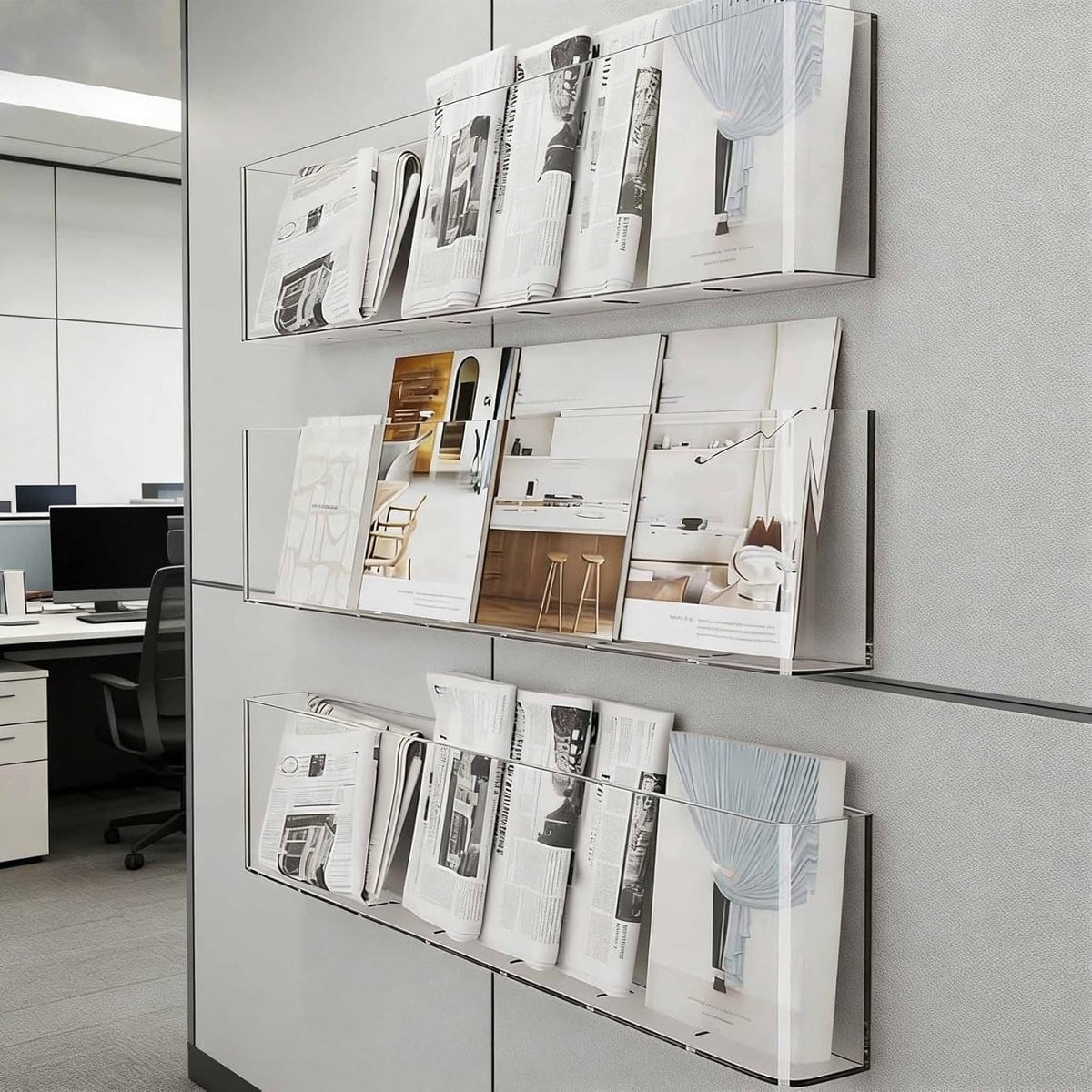 Set van 3 Acryl Tijdschriftenhouders - Transparante Wandorganizer voor Documenten - Zelfklevende Installatie