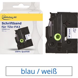 kompatibel für Brother TZe-FA3, Schriftband, 12mm, Länge 3m, blau auf weiß, Aufbügelband