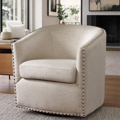 "28"" Polyester Swivel Barrel Chair with Barrel Back and Nailhead Trim and Metal Base and No Assembly"