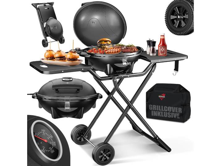 KESSER® Grill électrique 2 en 1\, modèle table/établi\, pliable\, puissance maximale 2400W\, revêtement antiadhésif\, 2 roues