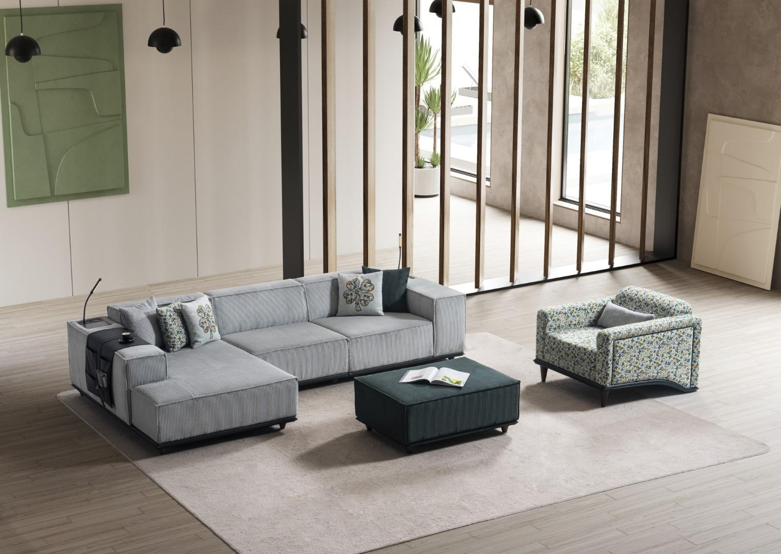 Stijlvolle 3-delige stoffen garnituur set met designer hocker en polstersessel