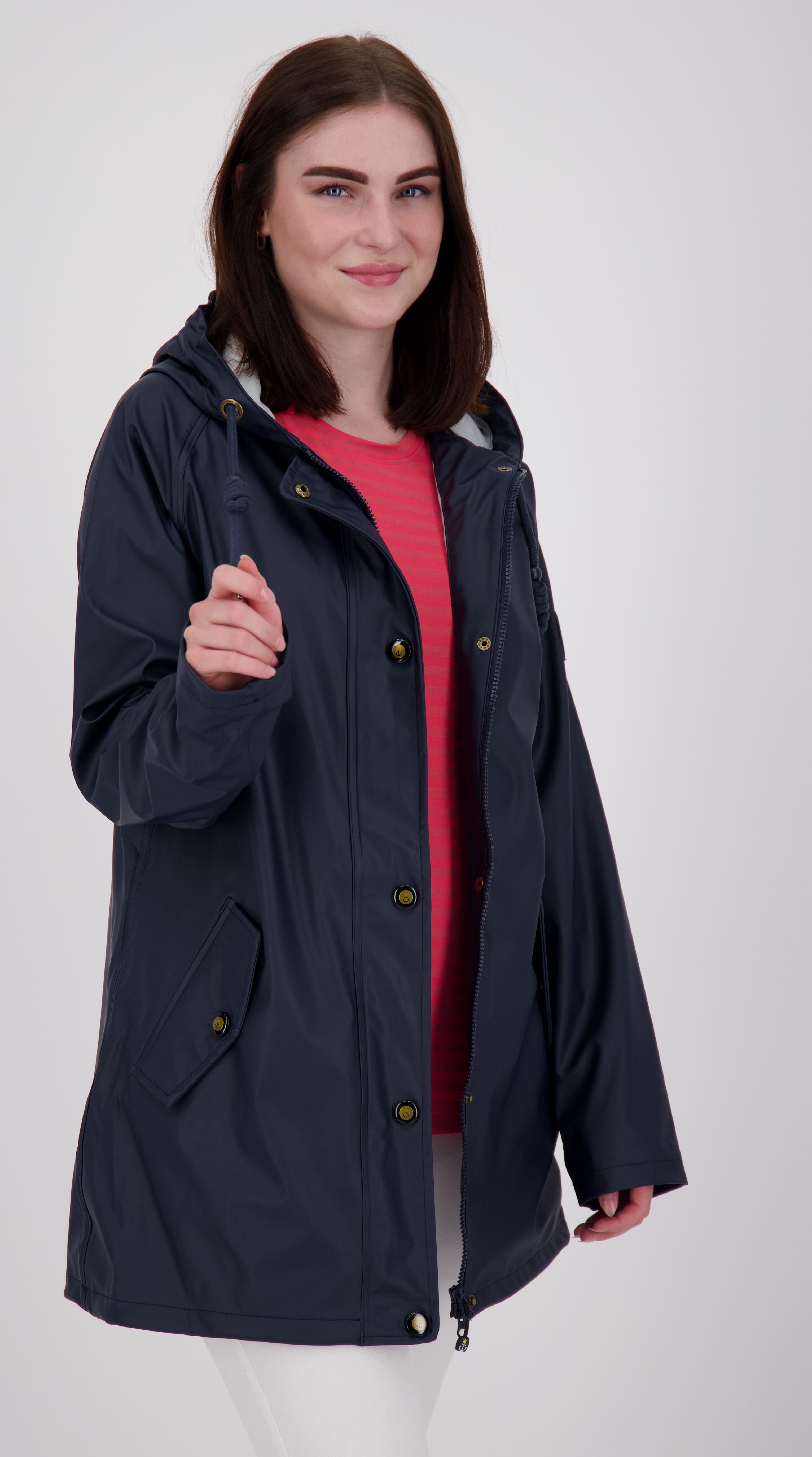 Regenjacke ANKERGLUT "Friesennerz ANKERGLUT HVN", Damen, Gr. 34 (XS), blau (navy), Web, Obermaterial: 100% Polyurethan. Futter: 100% Polyester, figurumspielend hüftbedeckend, gerader Abschluss mit Druckknopf, Jacken Regenjacke, auch in Grossen Grössen erh