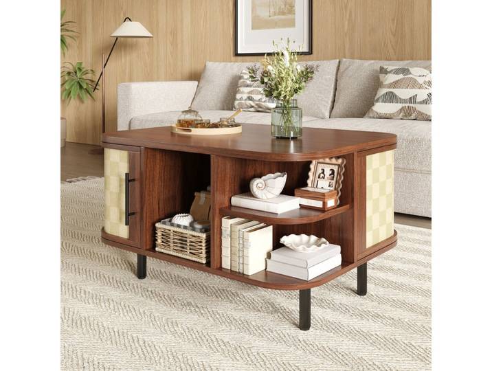BBG Couchtisch Couchtisch mit Stauraum 80x60 cm, Wohnzimmertisch in Nussbaumoptik (moderner Sofatisch mit Geflechtfronten, offenen Fächern, 1 Tabelle), Seitenschränken und Metallbeinen