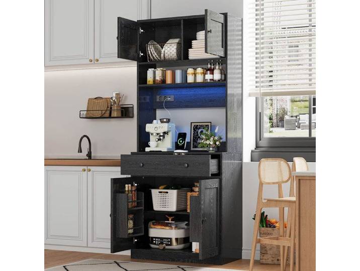 MEUBLIV Meuble de cuisine haut 180 cm MDF noir LED RGB prises intégrées grand tiroir et plan de travail