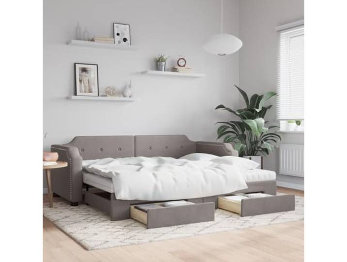 RJPLMFV Ausziehbett, Taupe, 100 x 200 cm, Stoff mit Schubladen Schlafsofa, 2-in-1, 2 Schaumstoffmatratzen, Aufbewahrung mit 2 Schubladen, Holz und Metall