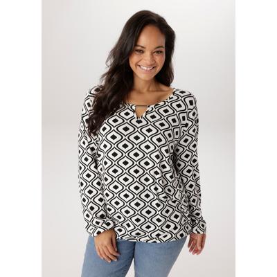 Langarmshirt ANISTON PLUS, Damen, Gr. 54, schwarz-weiß (schwarz, weiß), Single Jersey, Obermaterial: 95% Viskose, 5% Elasthan, figurumspielend Po-bedeckend, Rundhals, elastischer Bund mit Gummizug, Shirts Langarmshirt