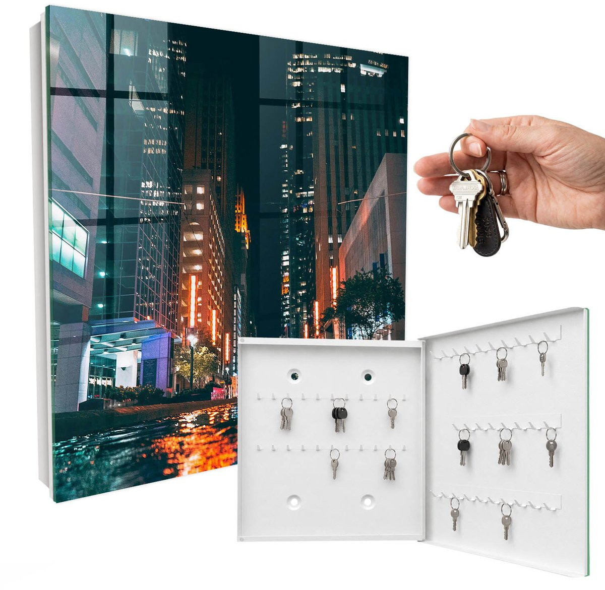 WallMuralia Sleutelkast Stadsleven met 50 haken - Zwart - B/D/H: 30 x 30 x 5 cm