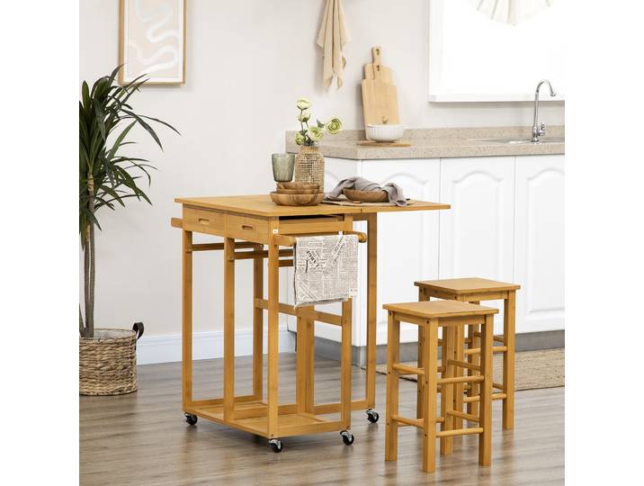 HOMCOM Table de Bar Pliante avec 2 Tabourets à Roulettes Marron