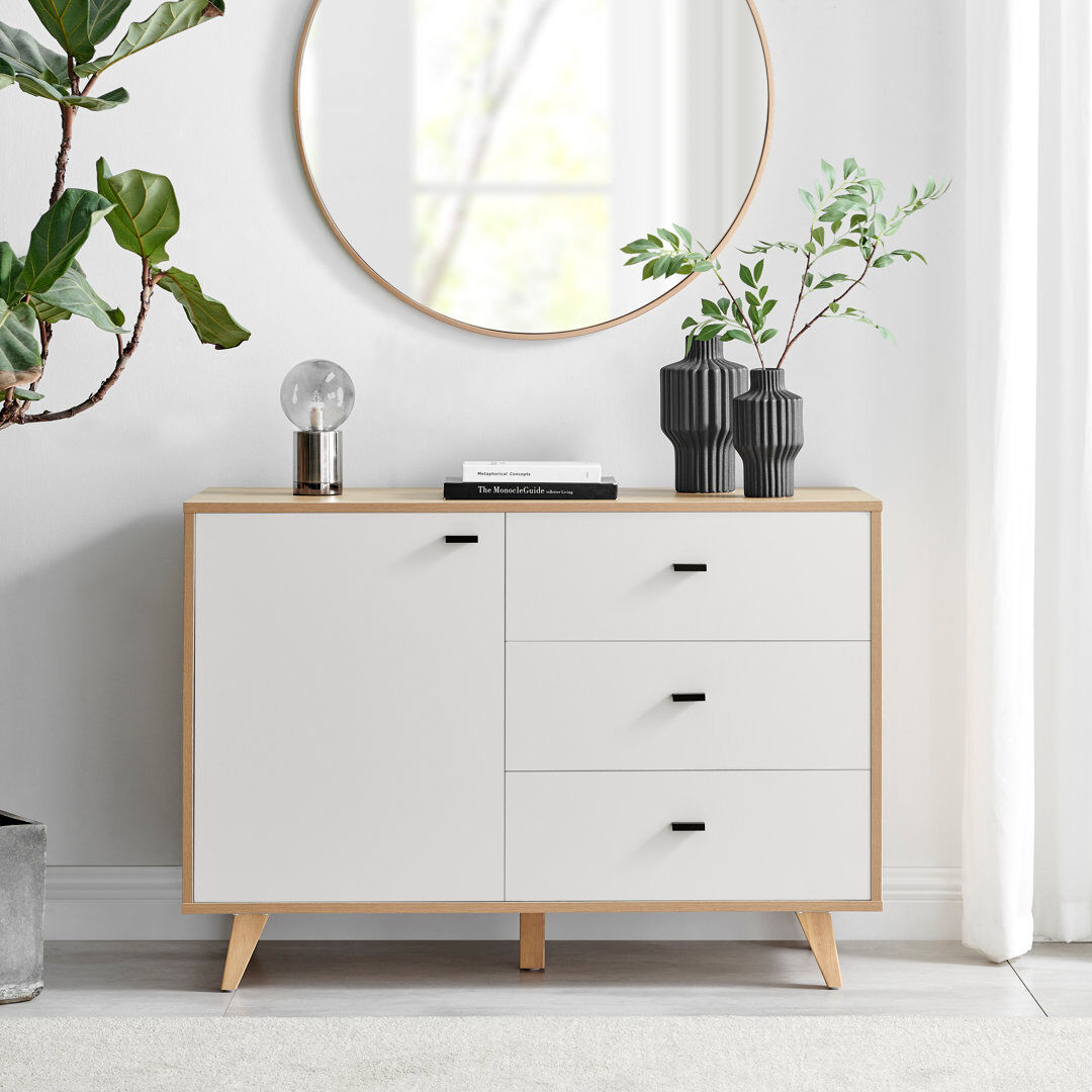 Fjørde & Co Bonnet Matte Off White and Wood Living Room Sideboard - Mid Century Modern Dining Room Storage White 74.8cm H X 107.4cm W X 39.6cm D