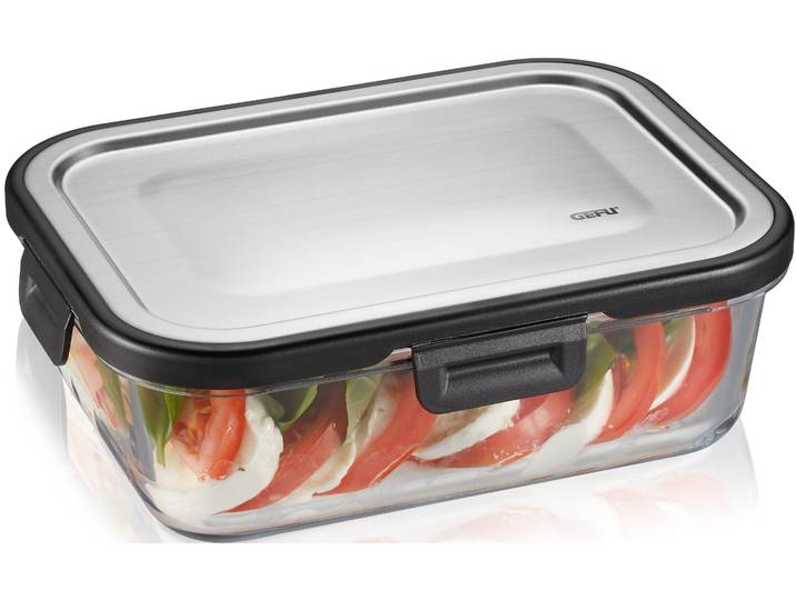 Lunchbox GEFU MILO , silber (transparent, silberfarben, schwarz), B:15,6cm H:7cm L:20,8cm, Borosilikatglas, Edelstahl, Kunststoff, Lebensmittelaufbewahrungsbehälter, Lunchbox, gelaserter QR Code zur Vorratskontrolle per App (nur für Android)