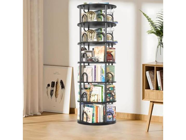 Drehbares Bücherregal 360 Grad, bücherregale Holz, Bodenstehendes ständer Bücherschrank, Aufbewahrungsregal Organisator, Lagerregal für Schlafzimmer Kinderzimmer Wohnzimmer, Schwarz (A, 6 Ebenen)