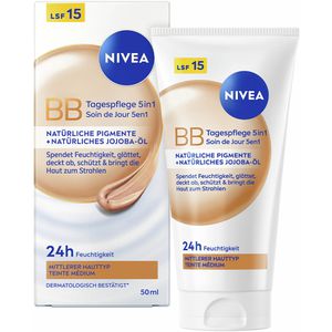 Nivea Tagescreme BB 5in1 Tagespflege, Mittel bis Dunkel LSF 15, gegen Hautalterung, mit Bio Jojoba-Öl, alle Hauttypen, 50 ml