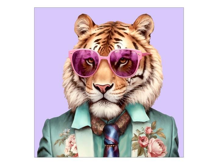 Tableau verre Tiger With Glasses Verre flotté Turquoise/Mauve/Marron 80 x 80cm