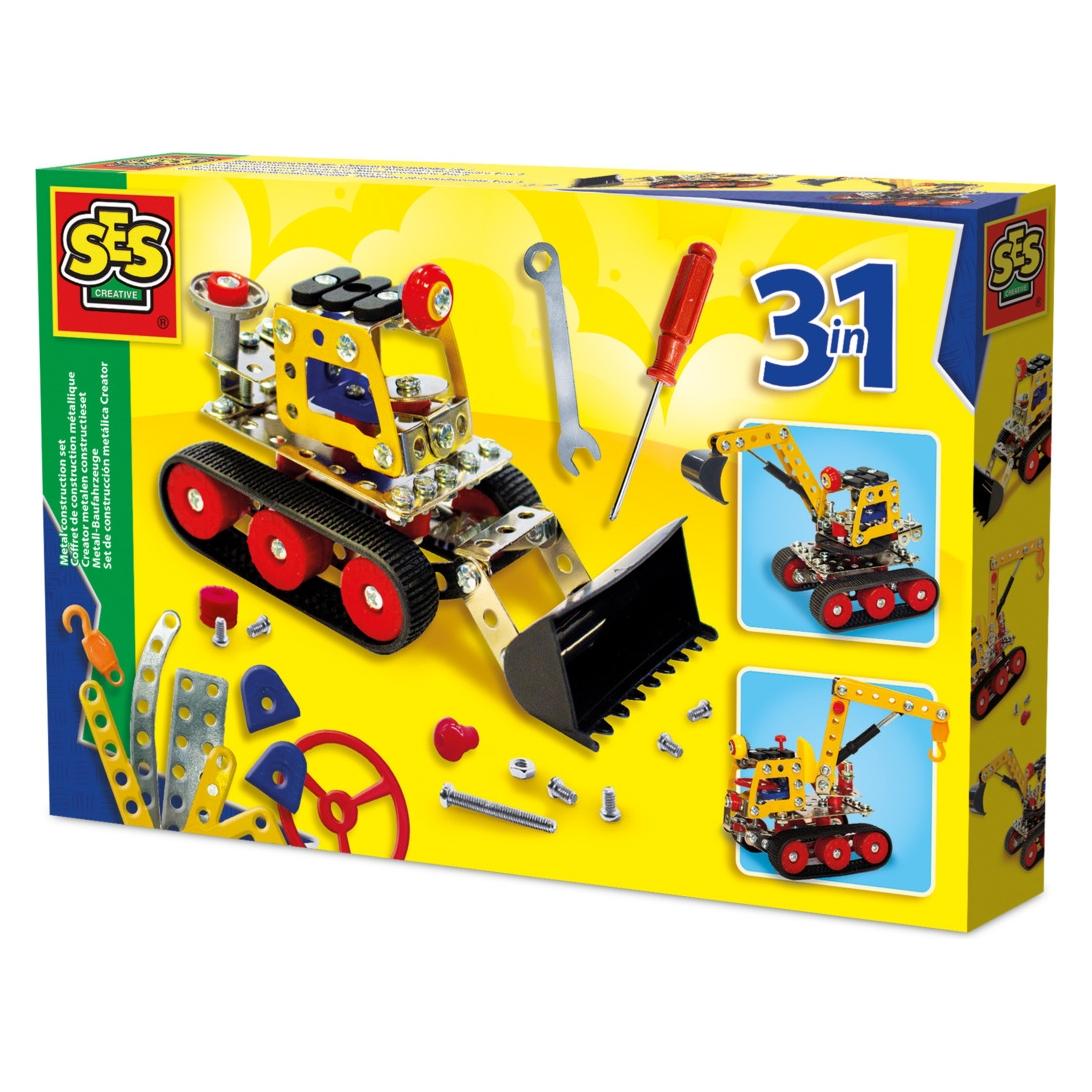 Ses Creative - Metall - Baufahrzeuge 3-1 Konstruktionsset - Kreatives Bauset für Kinder - Kran, Bagg (14269)