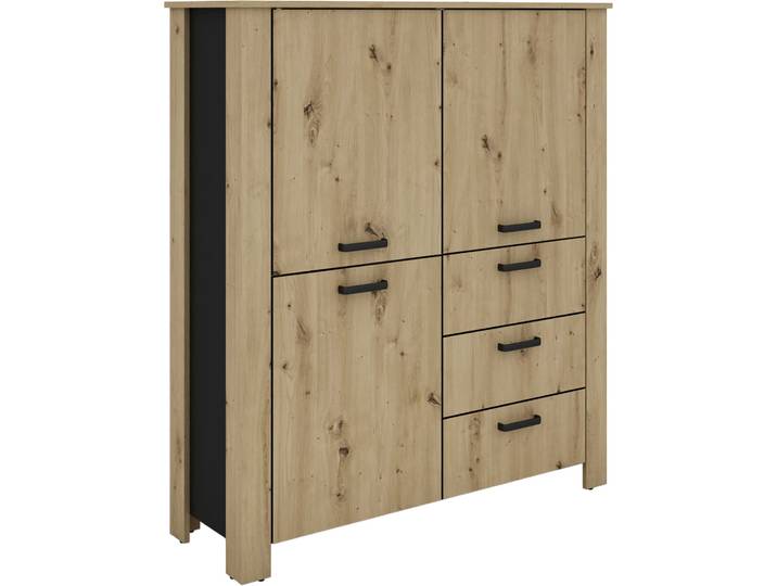 Vitrine BYLIVING Highboard Faro , artisan eiche, schwarz, B:120cm H:137cm T:40cm, FSC-zertifizierter Holzwerkstoff, Kunststoff, Metall, Schränke, Vitrine, 3 Türen und 3 Schubkästen für maximale Ordnung, verschiedene Farben.
