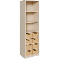 Korpus-Regal mit Materialkästen und offenen Fächern