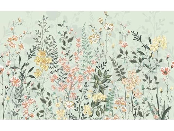 Komar Vlies Fototapete - Hay Meadow - Größe: 400 x 250 cm (Breite x Höhe) - Blumenwiese, Farn, Gras, Tapete, Design, Wohnzimmer, Wanddekoration, Schlafzimmer, Blumen, floral - LJX8-057