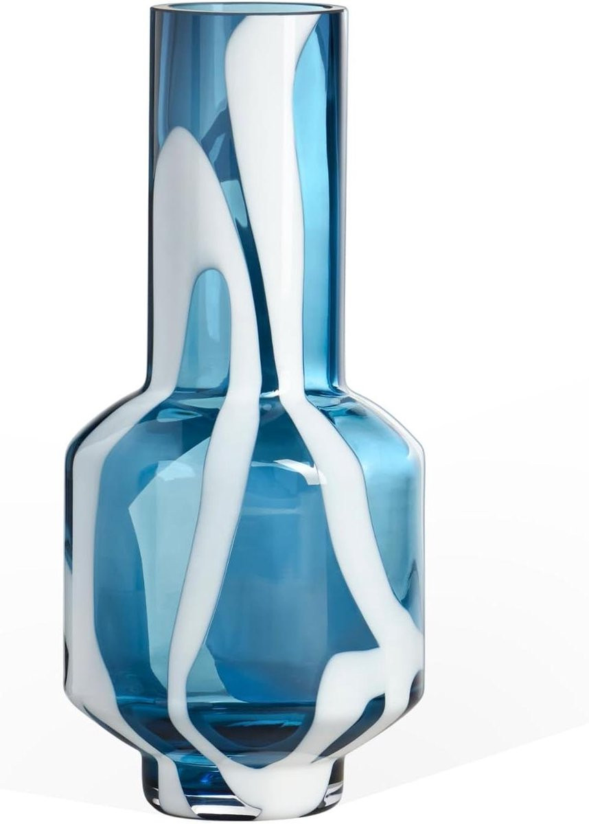 Handgeblazen Cilinder Vaas Blauw Wit - Hoogte: 30 cm