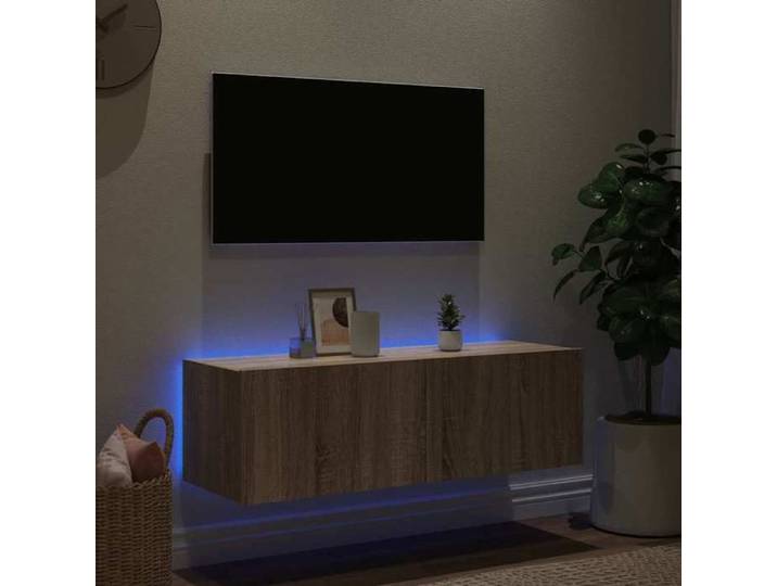 Magnifique Brun Banc TV - Meuble TV mural avec lumières LED chêne sonoma 100x35x31 cm &&53191