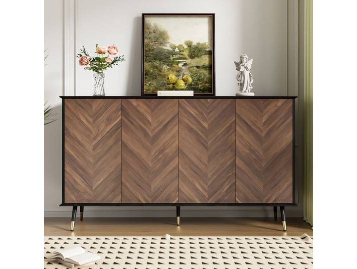 Buffet bas - Motif chevrons - 4 portes - Étagères réglables - 140 x 40 x 80 cm