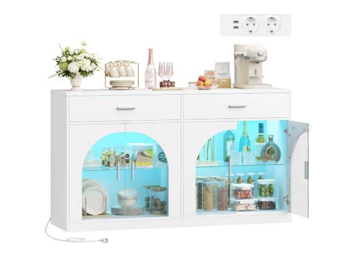 Hzuaneri Sideboard, Küchenschrank mit 4 Glastüren und 2 Schubladen Sideboard mit LED und Steckdosenleiste, verstellbare Glasböden, Küche, Esszimmer, 40 x 140 x 80 cm, Weiß, SC70003XEU