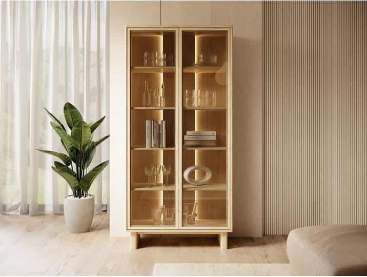 Compleo Standvitrine Holzstruktur, Natur und skandinavisches Design, 2 Türen mit LED Beleuchtung