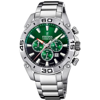 Chronograph FESTINA "Chrono Bike 2021", silber (silberfarben, grün, schwarz, grün, schwarz), Armbanduhren, Herren, silberfarben, Chronograph, Armbanduhr, Quarzuhr, Herrenuhr, Stoppfunktion, Edelstahlarmband