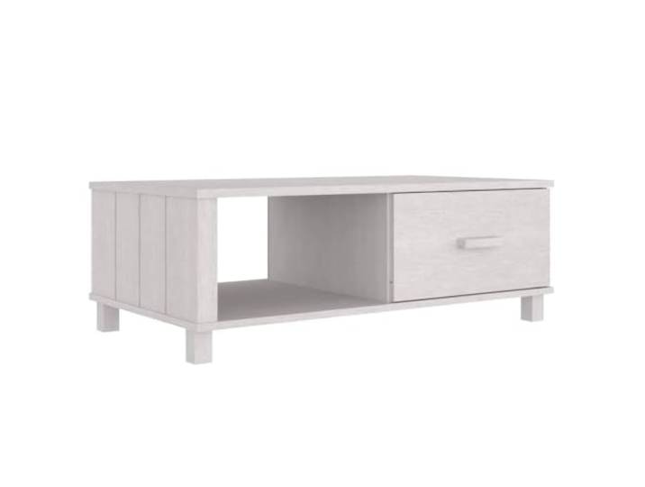 Roanoer Couchtisch HAMAR Weiß 100x55x35cm Massivholz Kiefer mit Schublade Praktischer Beistelltisch fürs Wohnzimmer mit Fach und Schublade für Zeitschriften sowie Bücher, rechteckige Form.