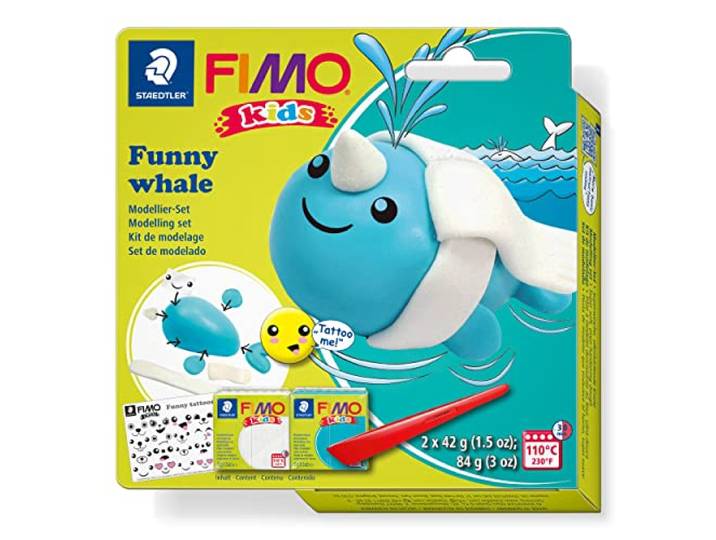 STAEDTLER 8035 21 FIMO Kids Boetseerklei Set - Funny Whale (Pack van 2 FIMO Kids Blokken, Stickers & Boetseergereedschap)
