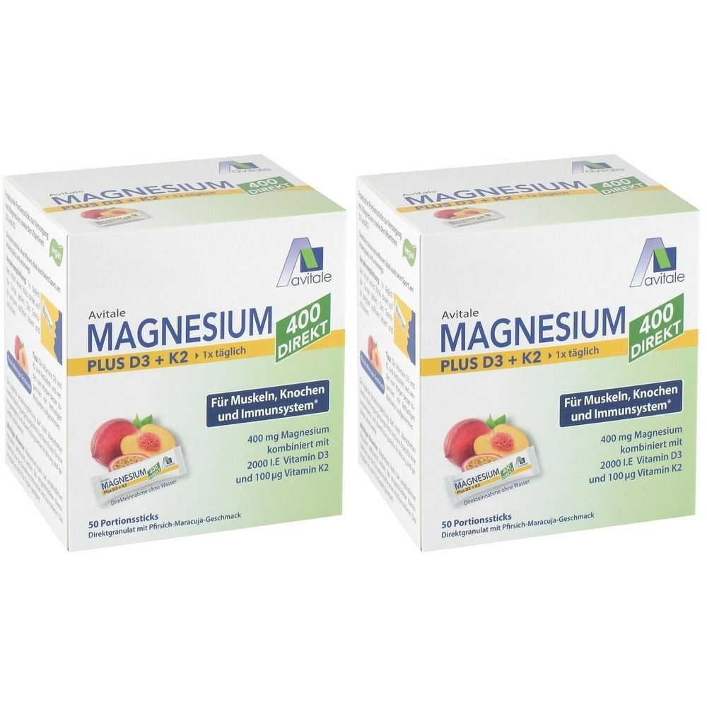 Magnesium 400+D3+K2 direkt Pfir.Maracu.Gra.Sticks 2x 2x50x2,5 g Granulat