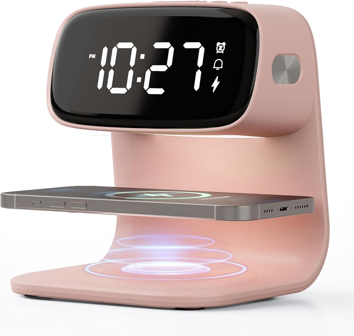 Digitale wekker met 15W draadloos snellaadstation en smart LED-nachtlampje met 3 kleuren, roze